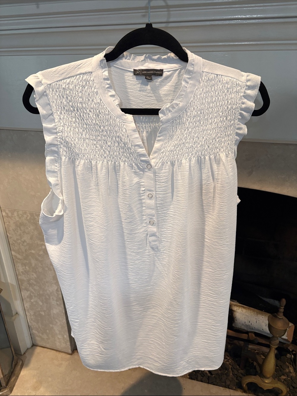 ADRIANNA PAPELL. Aqua White Smocked Ruffle Cap-Sleeve Camisole